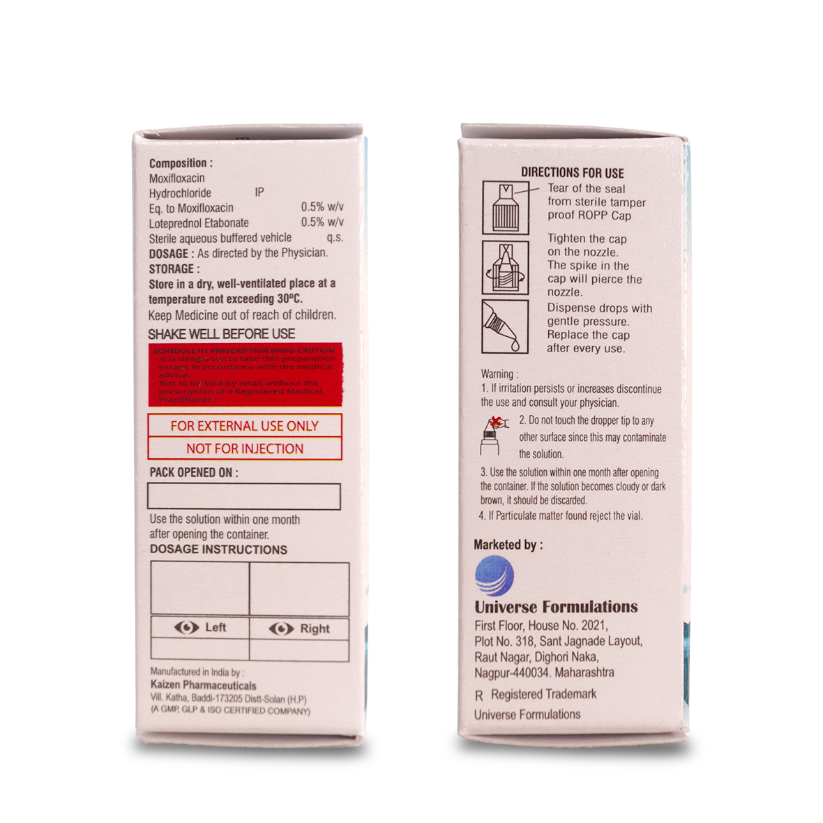 Rumox-LP Eye Drops — back pack with composition details by Universe Formulations