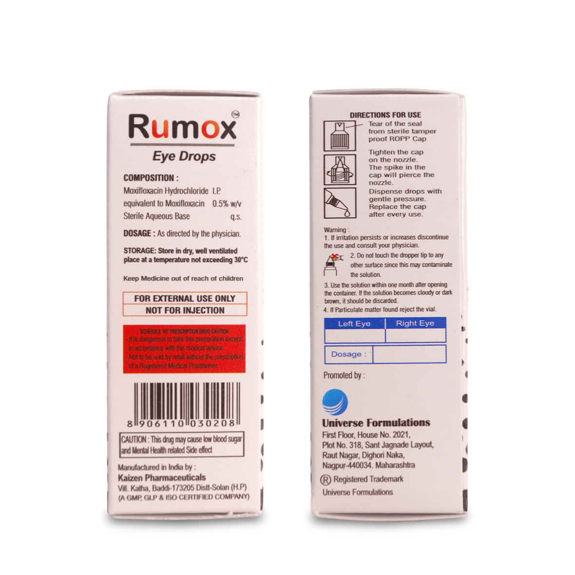 Rumox Eye Drops — back pack with composition details by Universe Formulations