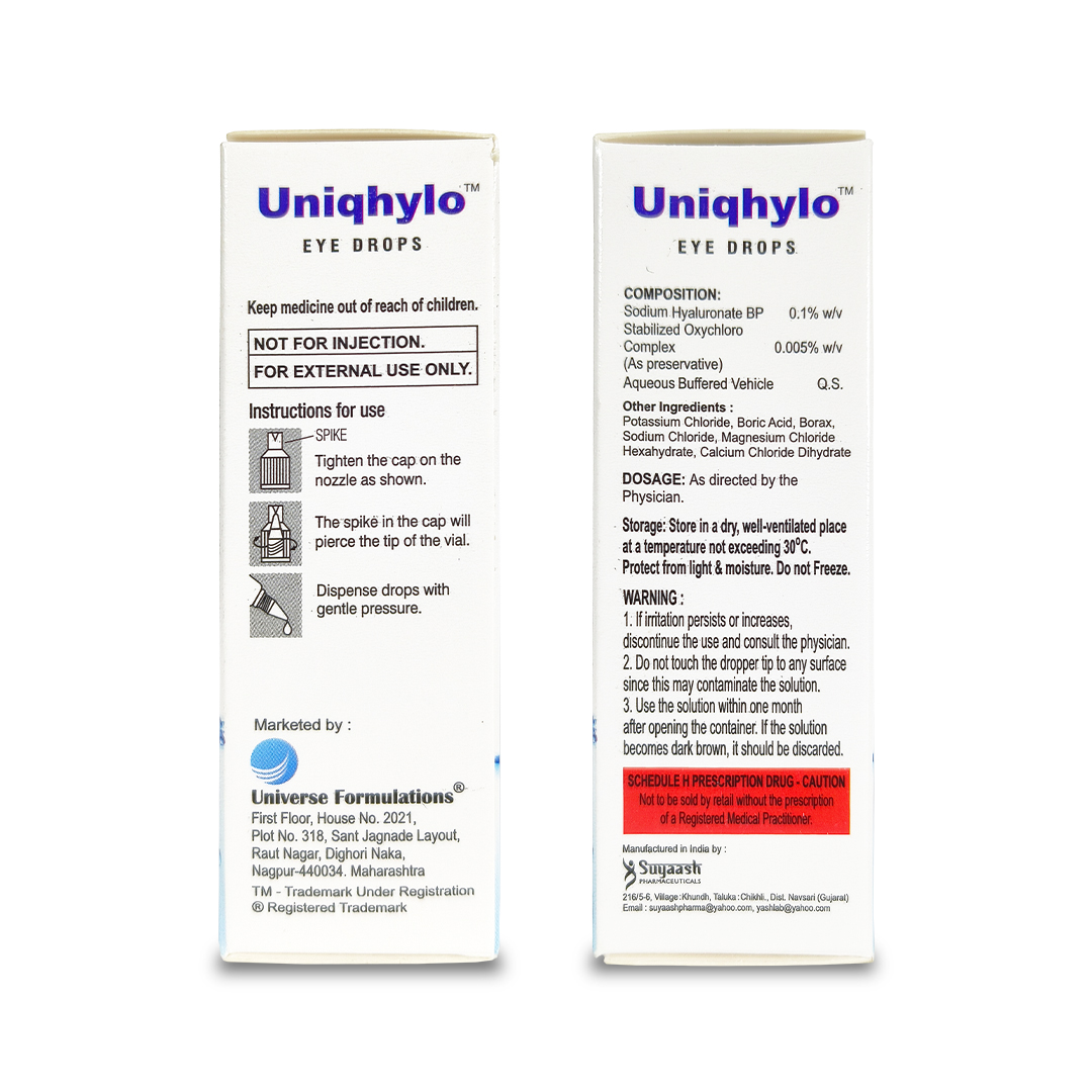 Uniqhylo Eye Drops — back pack with composition details by Universe Formulations