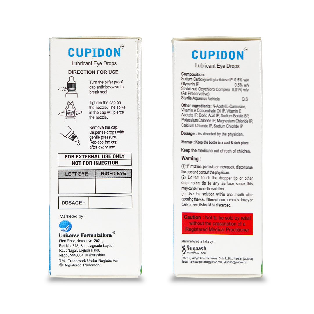 Cupidon Eye Drops — back pack with composition details by Universe Formulations